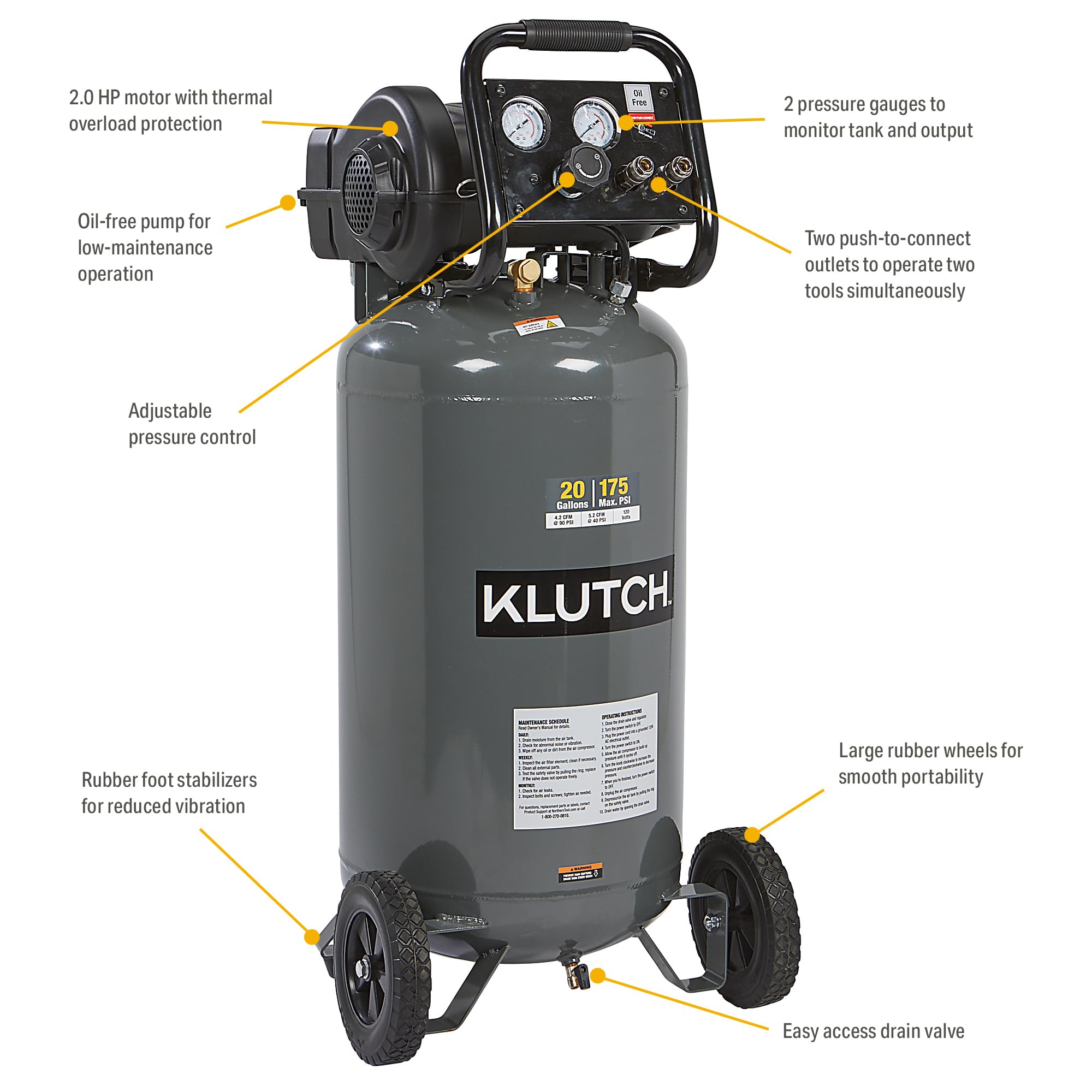 Klutch Portable Air Compressor, Workshop Air Compressor With Oil Less Pump, 2 Hp Motor, Thermal Overload Protection, Rubber Foot